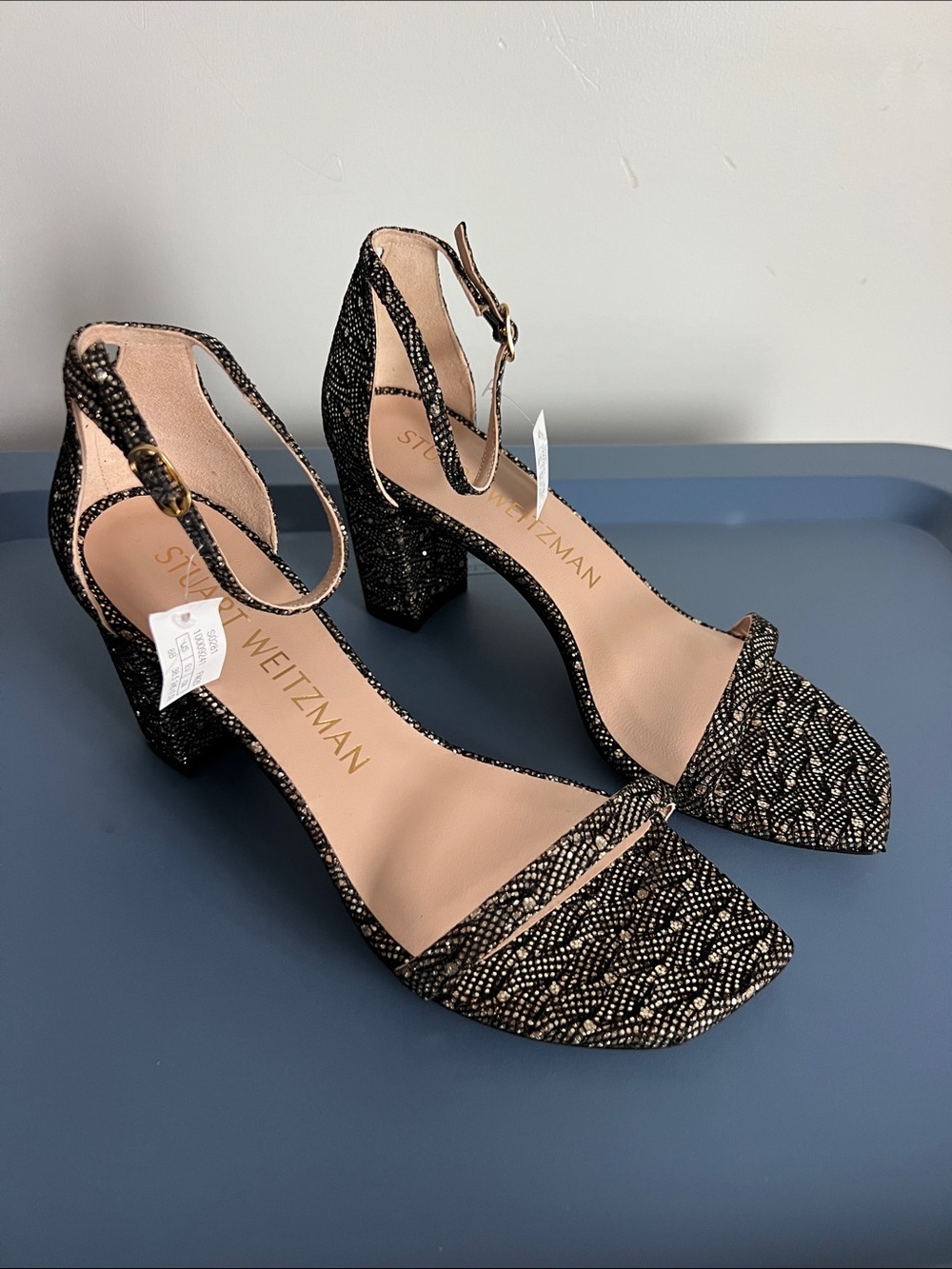 Stuart Weitzman amelina block black and gold glitter sparkly speckle heel sandal